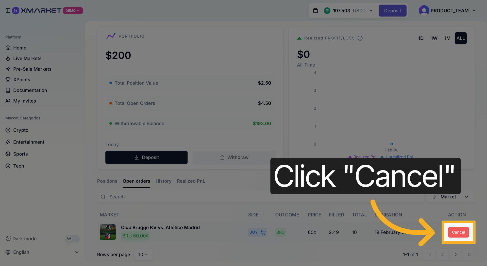 Cancel button next to an order